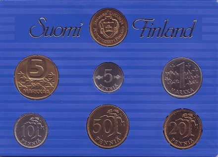 Набор монет Финляндии (6 шт., с жетоном), 1988 год, Финляндия. (в банковской упаковке)