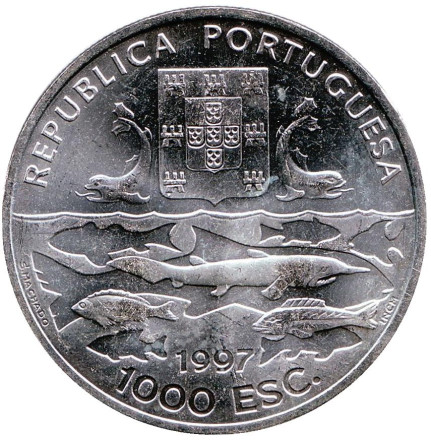 Монета 1000 эскудо, 1997 год, Португалия. 100-летие португальской океанографической экспедиции 1896-1897 гг. Монета 1000 эскудо, 1997 год, Португалия. 100-летие португальской океанографической экспедиции 1896-1897 гг.