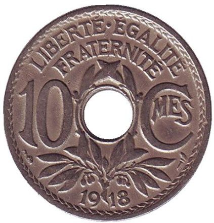 Монета 10 сантимов. 1918 год, Франция.