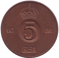 Монета 5 эре. 1965 год, Швеция. Монета 5 эре. 1965 год, Швеция.