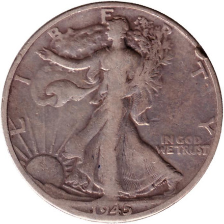 Монета 50 центов. 1945 год (D), США. Шагающая свобода.