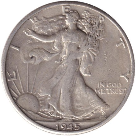 Монета 50 центов. 1945 год (D), США. Шагающая свобода.