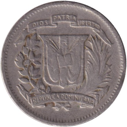 Монета 10 сентаво. 1975 год, Доминиканская Республика.