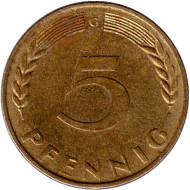 Монета 5 пфеннигов. 1970 год (G), ФРГ. Дубовые листья. Монета 5 пфеннигов. 1970 год (G), ФРГ. Дубовые листья.