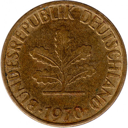 Монета 5 пфеннигов. 1970 год (G), ФРГ. Дубовые листья.