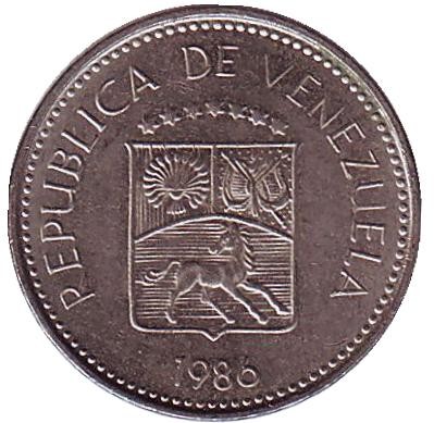 Монета 5 сентимо. 1986 год, Венесуэла.