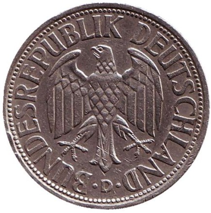 Монета 1 марка. 1950 год (D), ФРГ. Монета 1 марка. 1950 год (D), ФРГ.