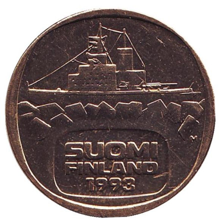 Монета 5 марок. 1993 год, Финляндия. Ледокол Урхо.