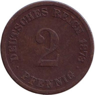 Монета 2 пфеннига. 1873 год (D), Германская империя. Монета 2 пфеннига. 1873 год (D), Германская империя.