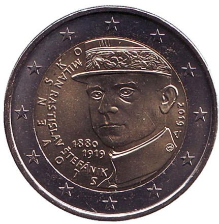 Монета 2 евро. 2019 год, Словакия. 100 лет со дня смерти Милана Растислава Штефаника.