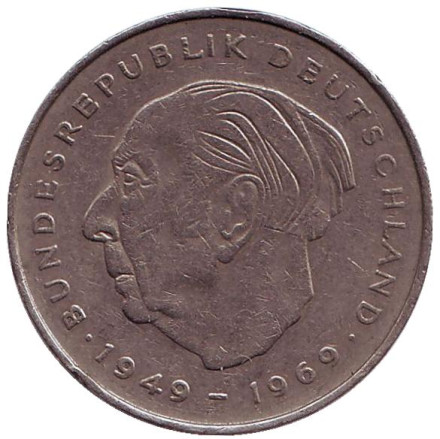 Монета 2 марки. 1973 год (F), ФРГ. Из обращения. Теодор Хойс.