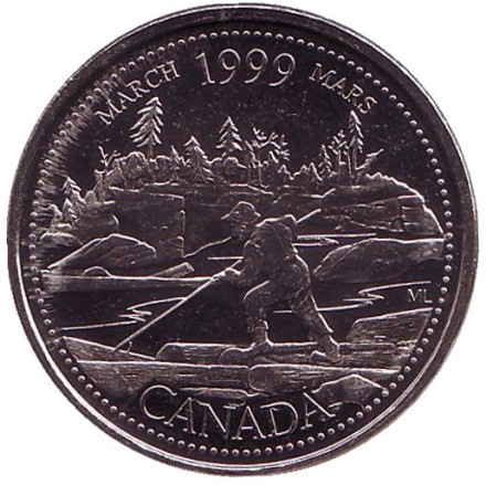 Монета 25 центов. 1999 год, Канада. Миллениум. Март 1999. Сплав на плоту.