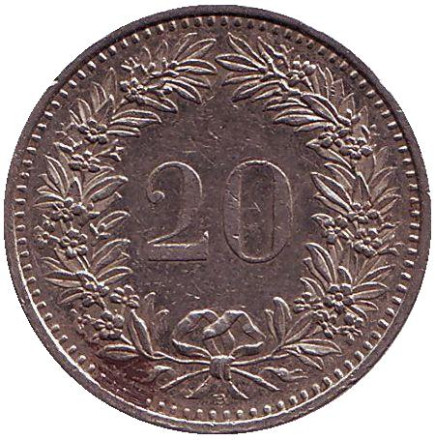Монета 20 раппенов. 1993 год, Швейцария.