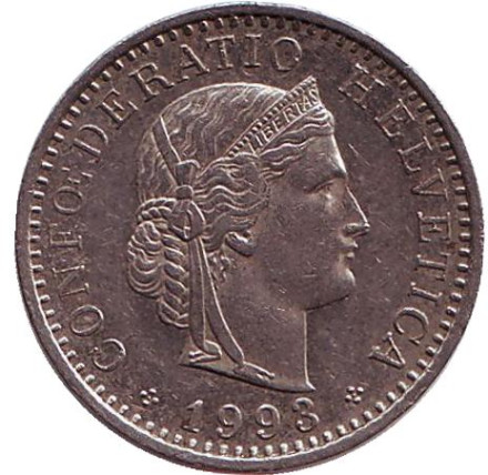 Монета 20 раппенов. 1993 год, Швейцария. Монета 20 раппенов. 1993 год, Швейцария.