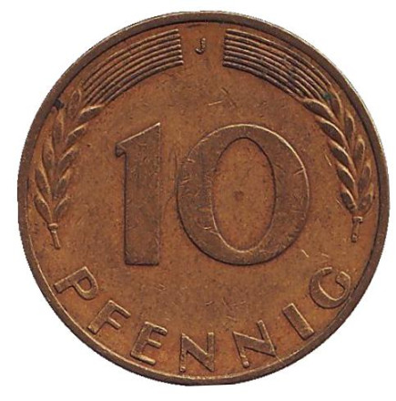Монета 10 пфеннигов. 1970 год (J), ФРГ. Дубовые листья.