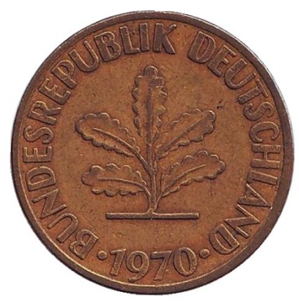 Монета 10 пфеннигов. 1970 год (J), ФРГ. Дубовые листья. Монета 10 пфеннигов. 1970 год (J), ФРГ. Дубовые листья.