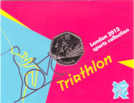 Монета 50 пенсов. 2011 год, Великобритания. Триатлон. Летние Олимпийские игры 2012 года в Лондоне. В блистере. Монета 50 пенсов. 2011 год, Великобритания. Триатлон. Летние Олимпийские игры 2012 года в Лондоне. В блистере.