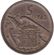 Монета 5 песет. 1957 год, Испания. (58 внутри звезды). Монета 5 песет. 1957 год, Испания. (58 внутри звезды).