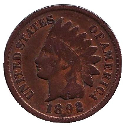 Монета 1 цент. 1892 год, США. Индеец.