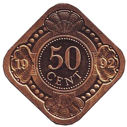 Монета 50 центов. 1992 год, Нидерландские Антильские острова. UNC.