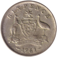 Монета 6 пенсов. 1961 год, Австралия. Монета 6 пенсов. 1961 год, Австралия.