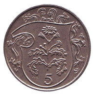 Монета 5 пенсов. 1986 год, Остров Мэн. (AA) Растение Крестовик.