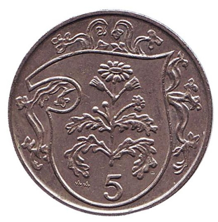 Монета 5 пенсов. 1986 год, Остров Мэн. (AA) Растение Крестовик.