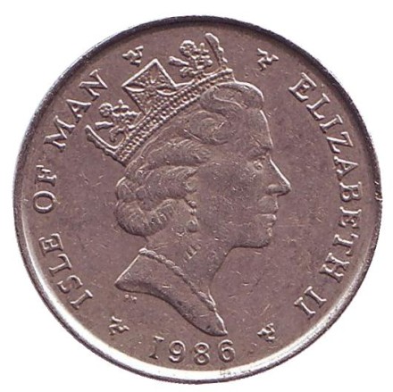 Монета 5 пенсов. 1986 год, Остров Мэн. (AA) Растение Крестовик.