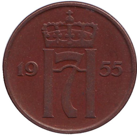 Монета 5 эре. 1955 год, Норвегия. Монета 5 эре. 1955 год, Норвегия.