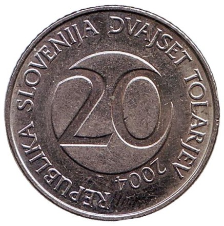 Монета 20 толаров. 2004 год, Словения. Белый аист. Монета 20 толаров. 2004 год, Словения. Белый аист.