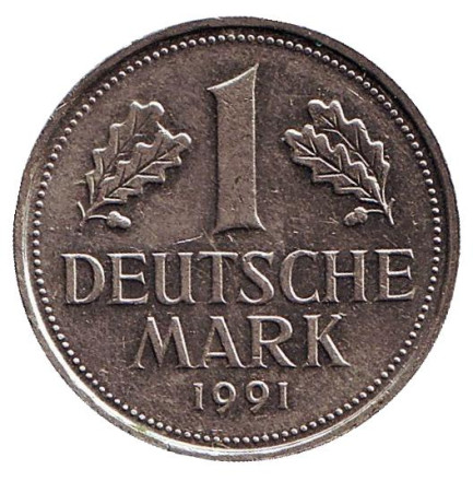 Монета 1 марка. 1991 год (A), ФРГ. Из обращения.