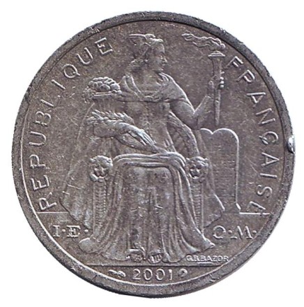 Монета 2 франка. 2001 год, Новая Каледония. Птица кагу. Монета 2 франка. 2001 год, Новая Каледония. Птица кагу.