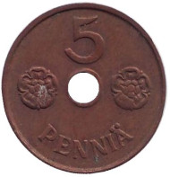 Монета 5 пенни. 1943 год, Финляндия. Монета 5 пенни. 1943 год, Финляндия.
