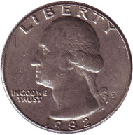 Монета 25 центов. 1982 (D) год, США. Вашингтон. Монета 25 центов. 1982 (D) год, США. Вашингтон.