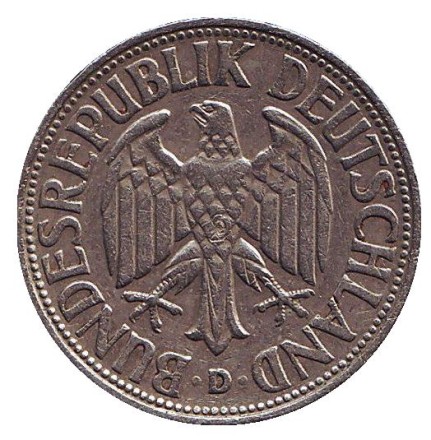 Монета 1 марка. 1958 год (D), ФРГ. Монета 1 марка. 1958 год (D), ФРГ.