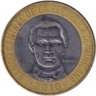 Монета 5 песо. 2010 год, Доминиканская Республика. Франсиско дель Росарио. Монета 5 песо. 2010 год, Доминиканская Республика. Франсиско дель Росарио.