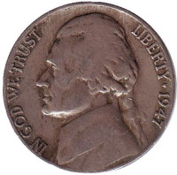 Джефферсон. Монтичелло. Монета 5 центов. 1947 год (D), США.