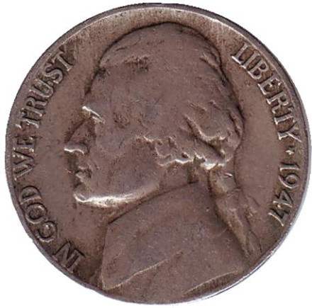 Монета 5 центов. 1947 год (D), США. Джефферсон. Монтичелло.