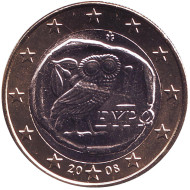 Монета 1 евро. 2008 год, Греция. Сова. Монета 1 евро. 2008 год, Греция. Сова.