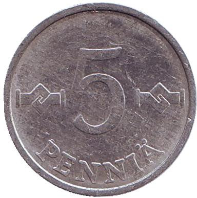 Монета 5 пенни. 1977 год, Финляндия.