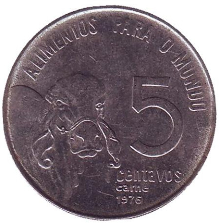 Монета 5 сентаво. 1976 год, Бразилия. Зебу.