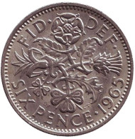 Монета 6 пенсов. 1965 год, Великобритания. Флора: лук-порей, роза, чертополох и трилистник. Монета 6 пенсов. 1965 год, Великобритания. Флора: лук-порей, роза, чертополох и трилистник.