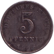 Монета 5 пфеннигов. 1916 год (A), Германская империя. Монета 5 пфеннигов. 1916 год (A), Германская империя.