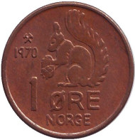 Монета 1 эре. 1970 год, Норвегия. Белка. Монета 1 эре. 1970 год, Норвегия. Белка.