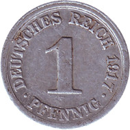 Монета 1 пфенниг. 1917 год (J), Германская империя. Монета 1 пфенниг. 1917 год (J), Германская империя.