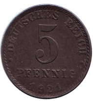 Монета 5 пфеннигов. 1921 год (A), Германская империя. Монета 5 пфеннигов. 1921 год (A), Германская империя.