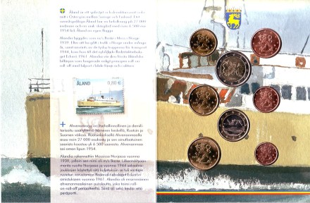 Аландские острова. Пароход. Набор монет Финляндии (8 шт., с маркой). 2011 год, Финляндия.