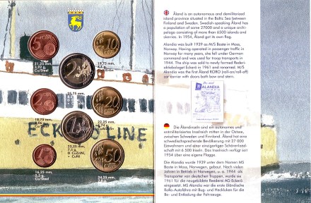 Аландские острова. Пароход. Набор монет Финляндии (8 шт., с маркой). 2011 год, Финляндия.