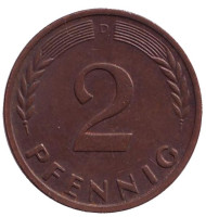 Монета 2 пфеннига. 1965 год (D), ФРГ. Дубовые листья. Монета 2 пфеннига. 1965 год (D), ФРГ. Дубовые листья.