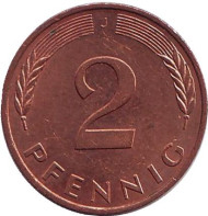 Монета 2 пфеннига. 1986 год (J), ФРГ. Дубовые листья. Монета 2 пфеннига. 1986 год (J), ФРГ. Дубовые листья.